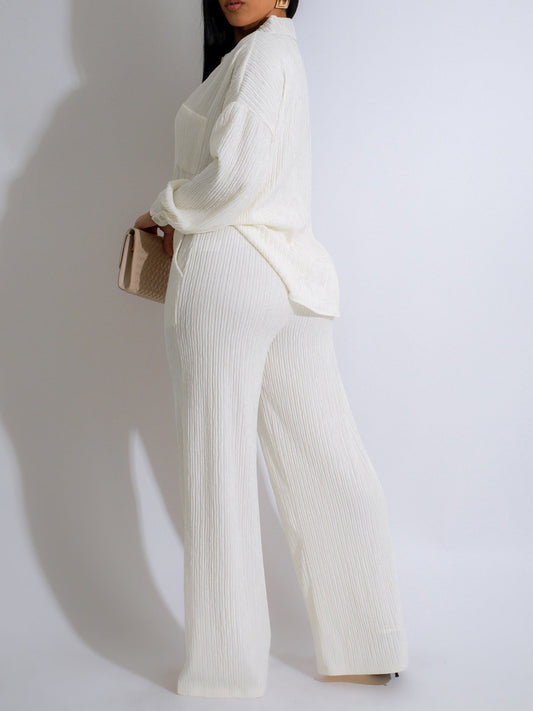 Women Clothing Two Piece Long Sleeve Pleated Casual Shirt Outfit Elastic Waist Straight Pant Sets