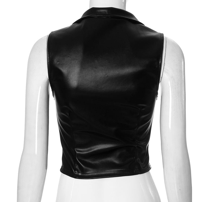 Women Clothing Solid Color Stand Collar Leather Glossy Zipper Vest Cardigan