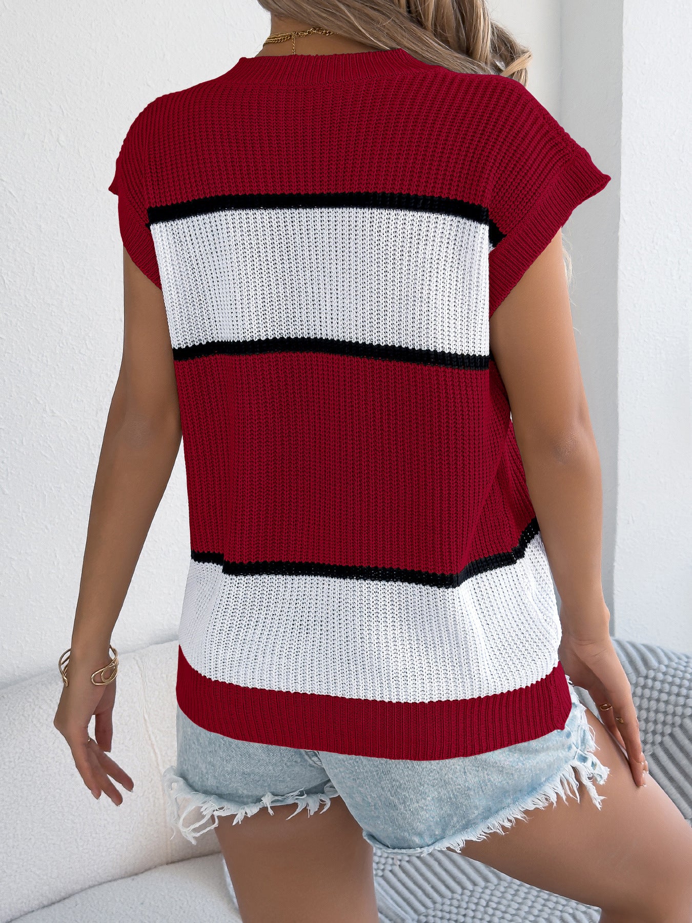 Spring Summer Contrast Color Striped Casual Loose Knitwear Holiday Top Women Clothing