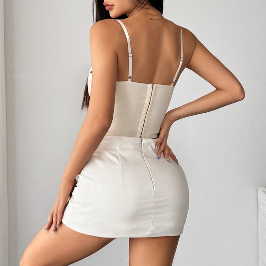 Solid Color Stitching Sexy Lace Sneaky Design Lace up Boning Corset Steel Ring Vest Women