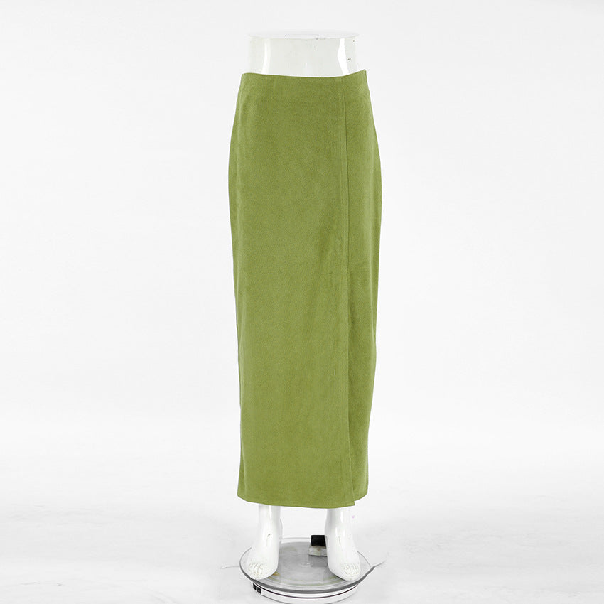Retro Green Suede Split Straight High Waist Skirt Autumn Brushed Velvet Slim Fit Skirt