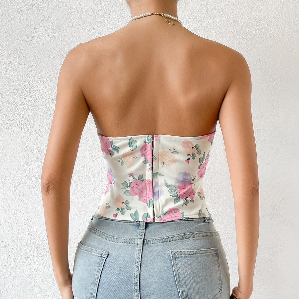 Sexy Low Cut Backless Floral Wrapped Chest Rhombus Boning Corset Boning Corset Waist Vest