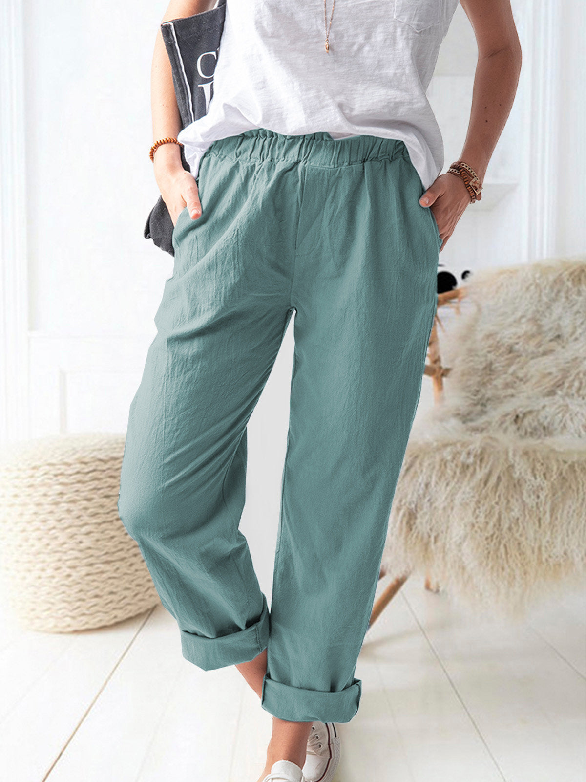 Summer Dried Shrimp Women Casual Elastic Straight Leg Trousers