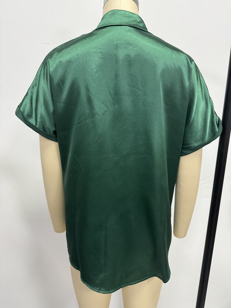 Satin V neck Shirt Women Women Solid Color Satin Short Sleeve Casual Button Satin Shirt