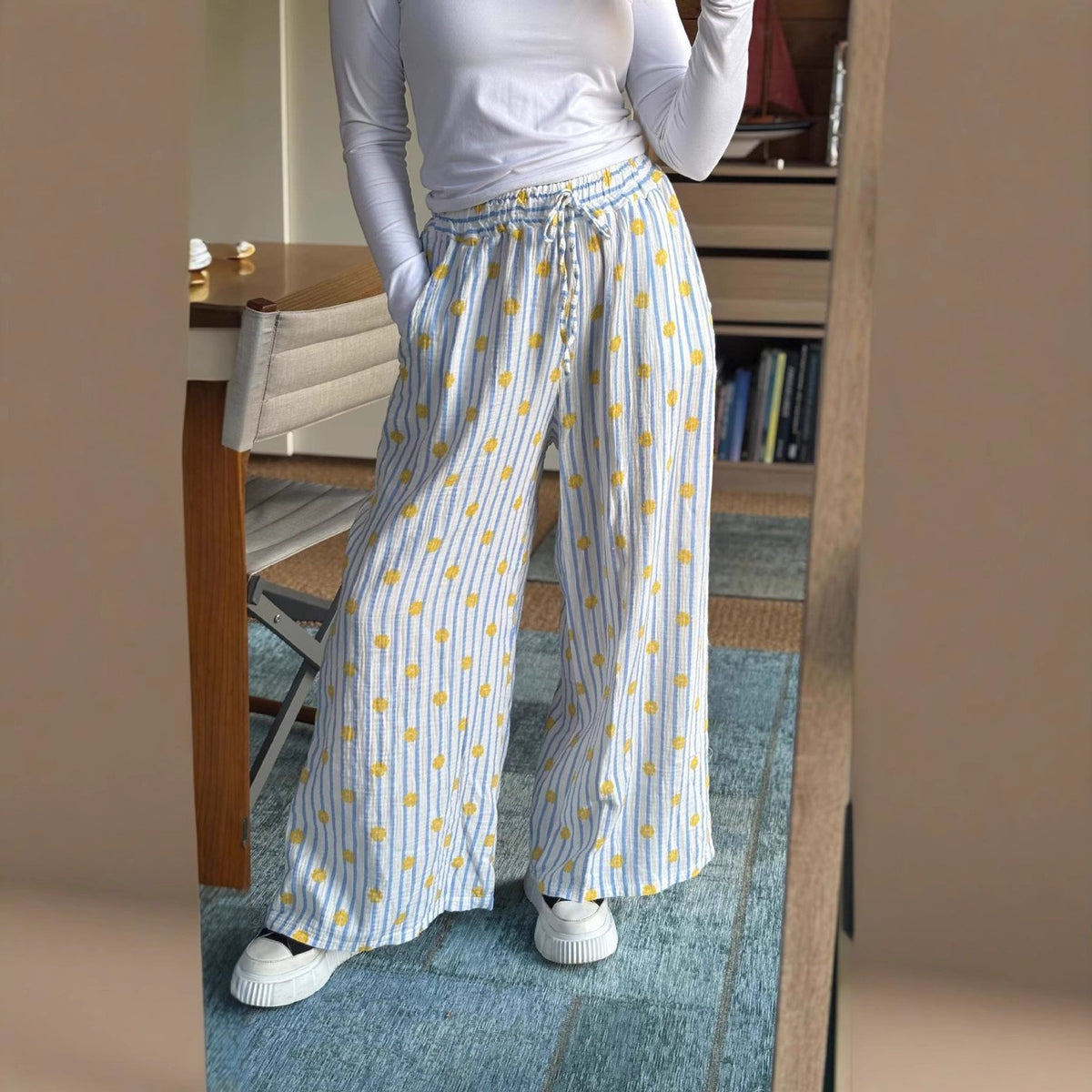 Thin Striped Printed Women Casual Pants Summer Drawstring Straight Loose Wide Leg Mop Pants