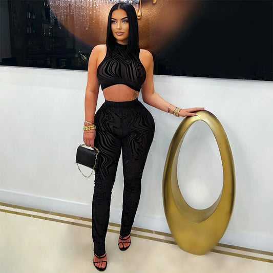 Two Piece Sets round Neck Sexy Sleeveless Short Top Match Slim Fit Pencil Pants