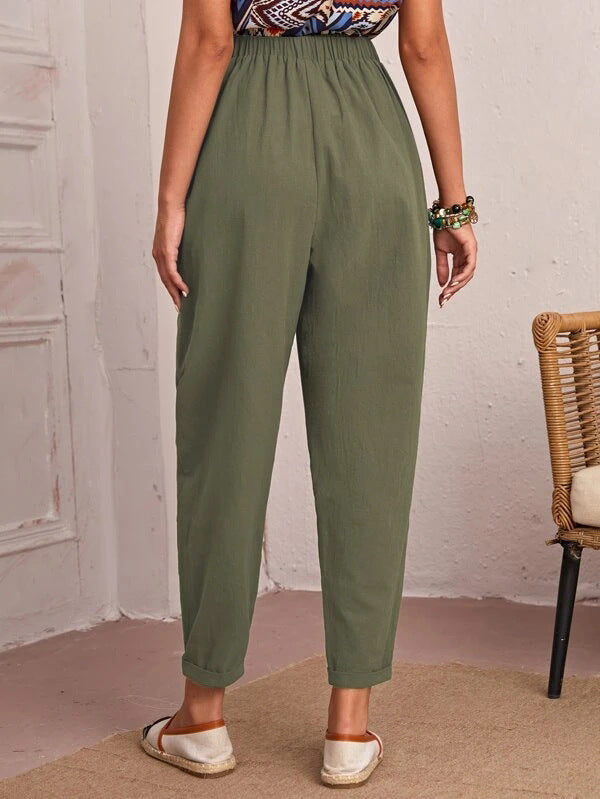 Four Seasons Cotton Linen Cropped Pants Elastic Waist Casual Pants Diagonal Pocket Skinny Pants Women