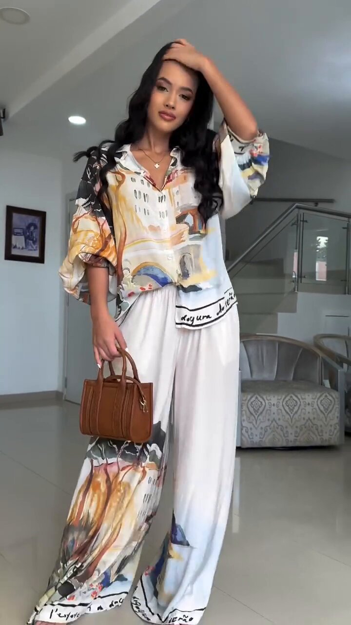Women Clothing Positioning Printing Loose Lantern Sleeve Shirt Wide Leg Pants Two Piece Sets
