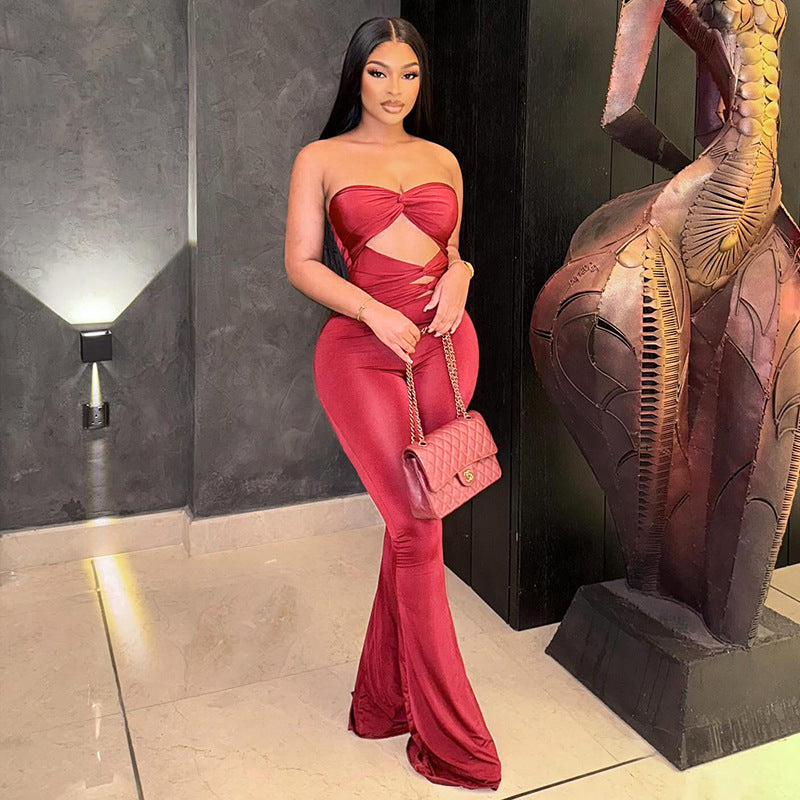 Women Clothing Autumn Solid Color Strapless Sleeveless Slim Hollow Out Cutout Backless Twisted Knot Jumpsuit