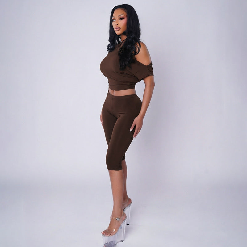 Women Clothing Autumn Solid Color One Shoulder Short Sleeve Top Tight Capri Pants Two Piece Set