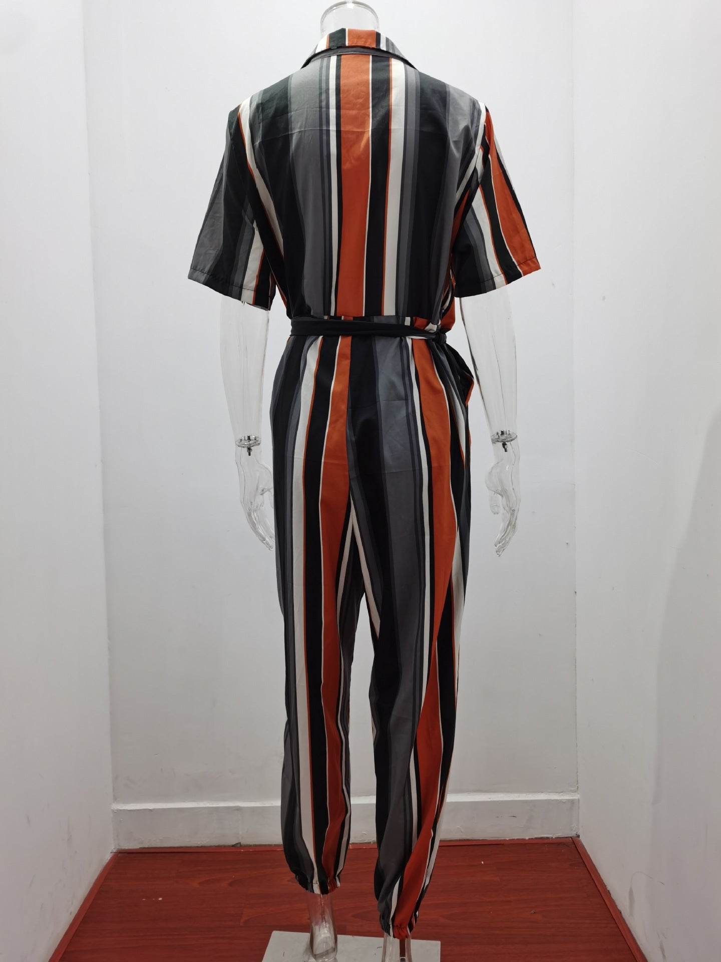 Women Clothing Trousers Casual Collared Button Printed Belt Cargo Overalls Plus size