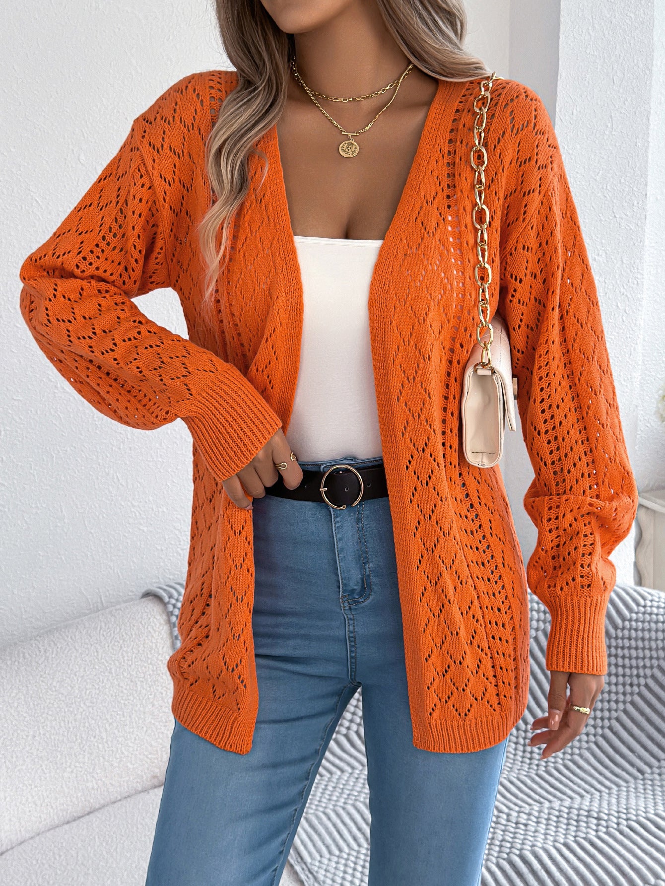 Autumn Winter Hollow Out Cutout out Lantern Long Sleeve Cardigan Sweater Mid Length Coat Women Clothing