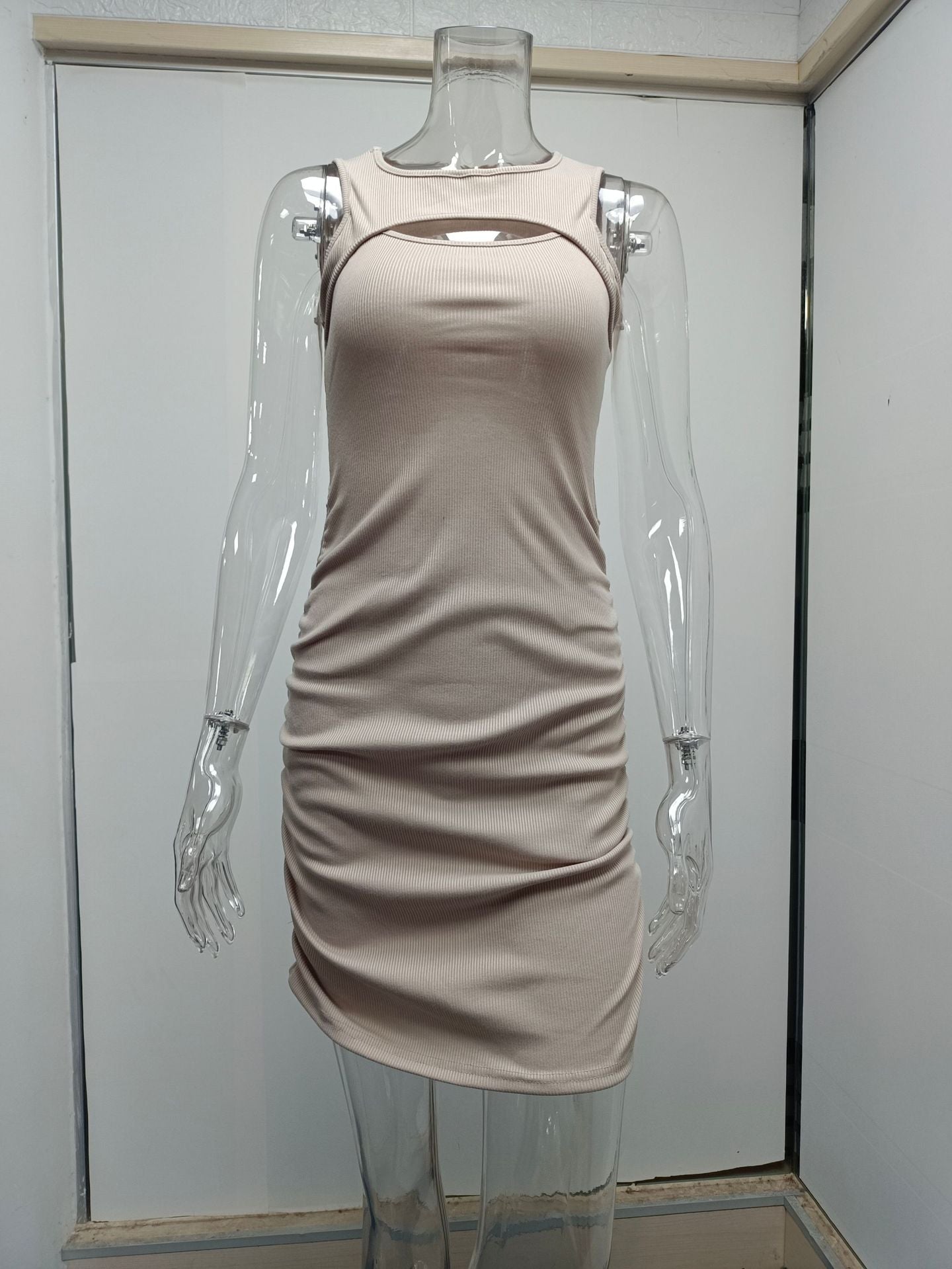 Hollow Out Cutout Vest Sexy Topless Pleated Slim Sheath Sleeveless Dress for Women