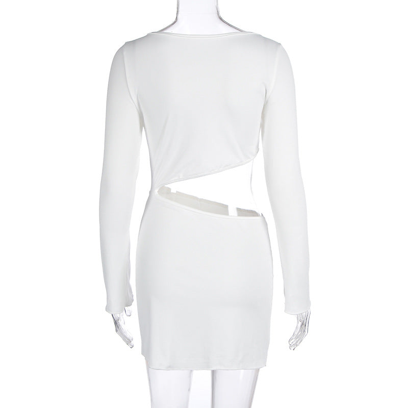 Women Clothing Autumn Winter Sexy Hollow Out Cutout Cropped round Neck Slim Sheath Dress