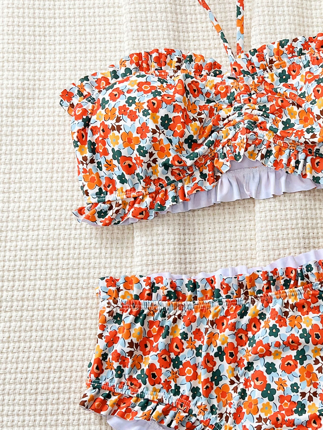 Bikini Split Swimsuit Floral Print Pleated Lace Tube Top Triangle Bikini