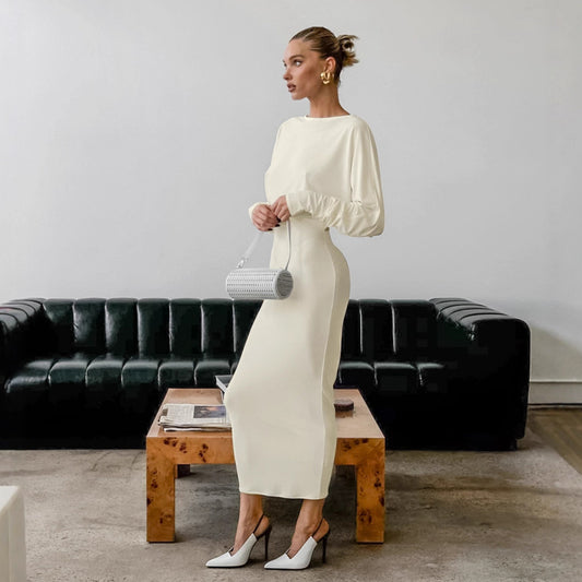 Design Backless Hollow Out Cutout out Dress Autumn Crew Neck Long Sleeve Gentle Simple Hip Dress