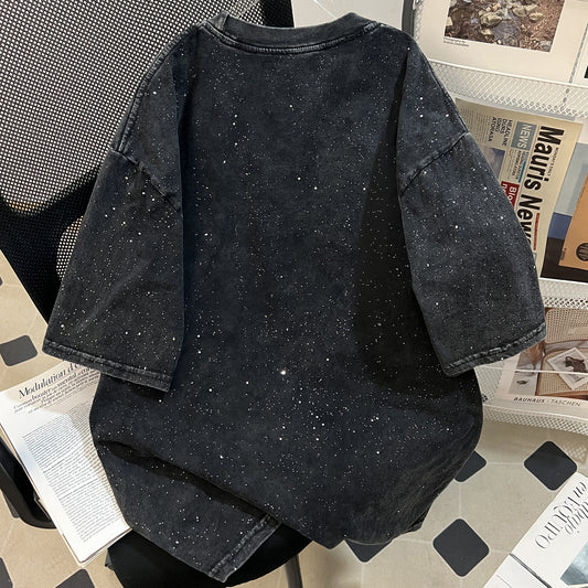 Starry Sky Washed Vintage Cotton Short Sleeved T shirt Trendy All Match Washed Distressed Loose Mid Length round Neck Top
