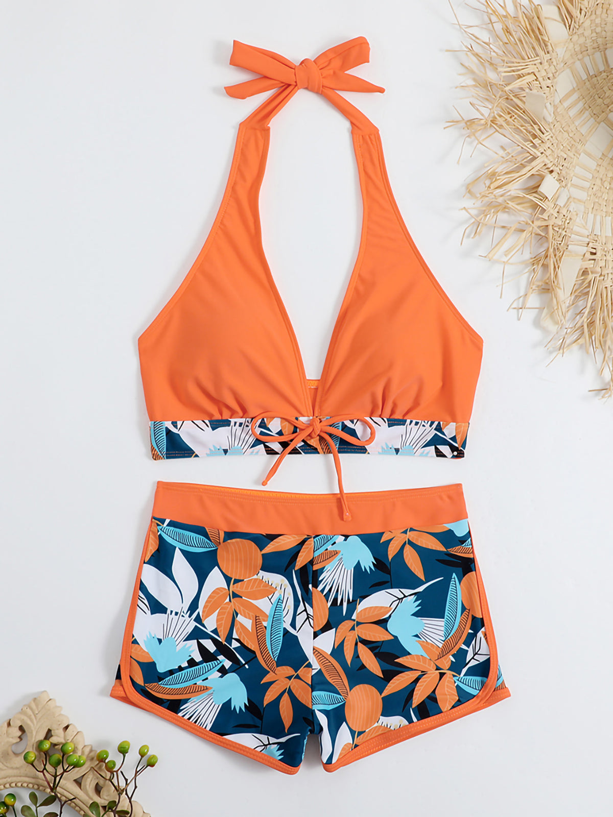 Swimsuit Women Split High Waist Boxer Lace Printing Solid Color Stitching Swimsuit