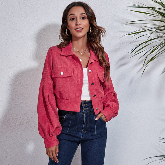 Popular Outdoor Model Real Shot Lantern Sleeve Corduroy Jacket Short Coat Women Loose Long Sleeve Autumn Winter Women Clothing