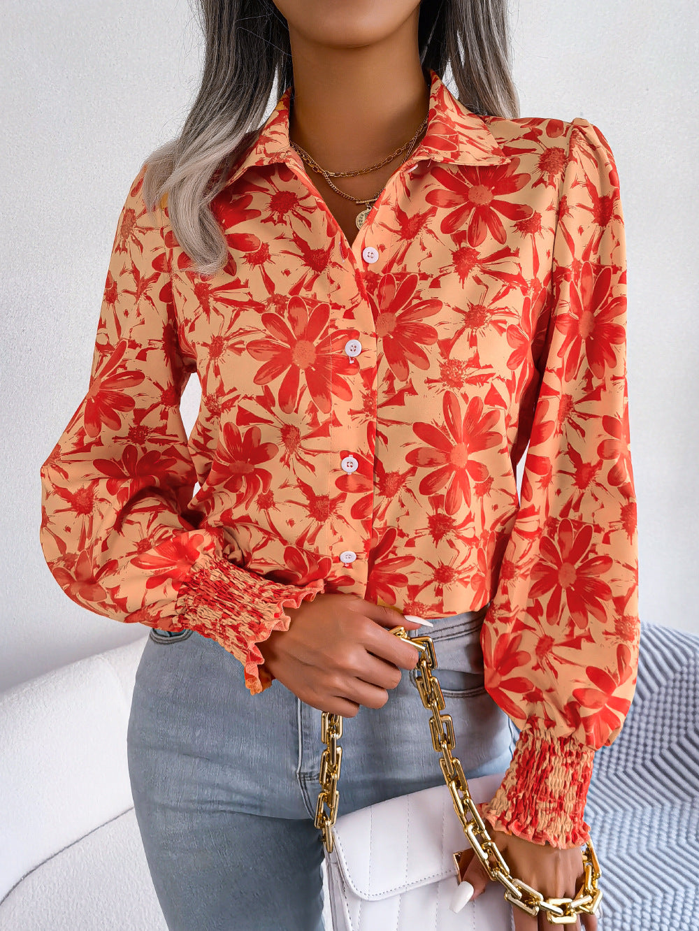 Spring Summer Casual Lantern Sleeve Contrast Color Floral Collared Shirt Women Clothing