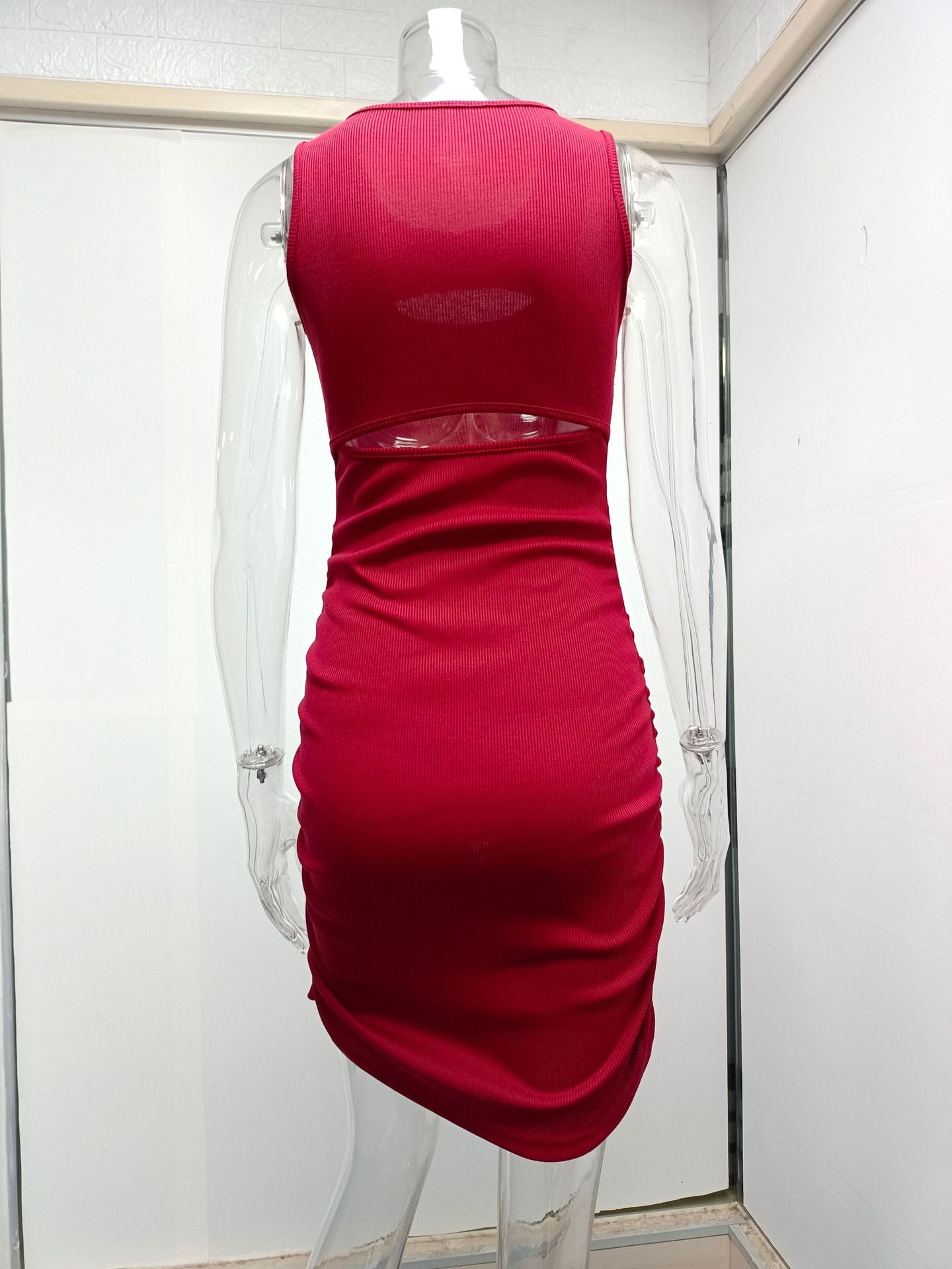 Hollow Out Cutout Vest Sexy Topless Pleated Slim Sheath Sleeveless Dress for Women
