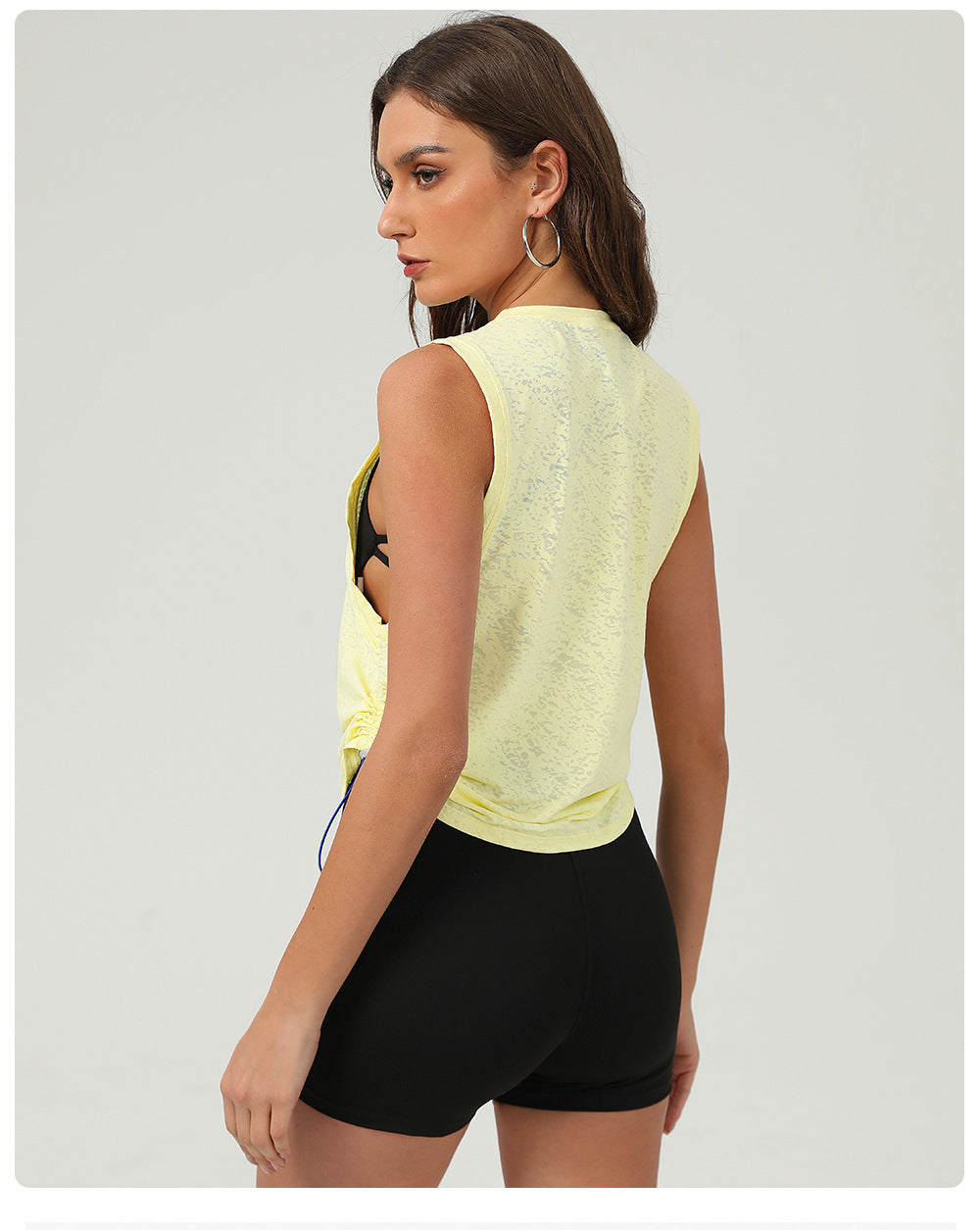 Breathable Yoga Exercise Vest Women Summer Loose round Neck Sleeveless Sports Top Drawstring at Hem Jacquard Blouse