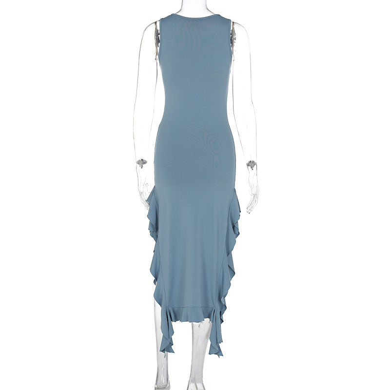 Summer round Neck Flounce Slim Fit Slit Dress Girls