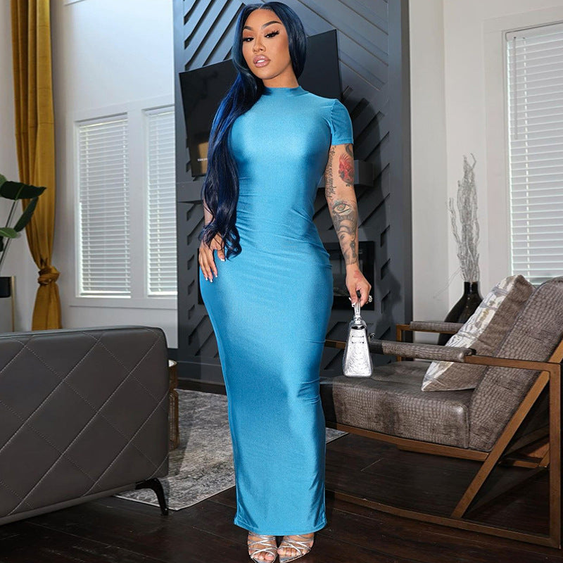 Women Clothing Hip Summer Solid Color Sexy Short Sleeve Split Dress