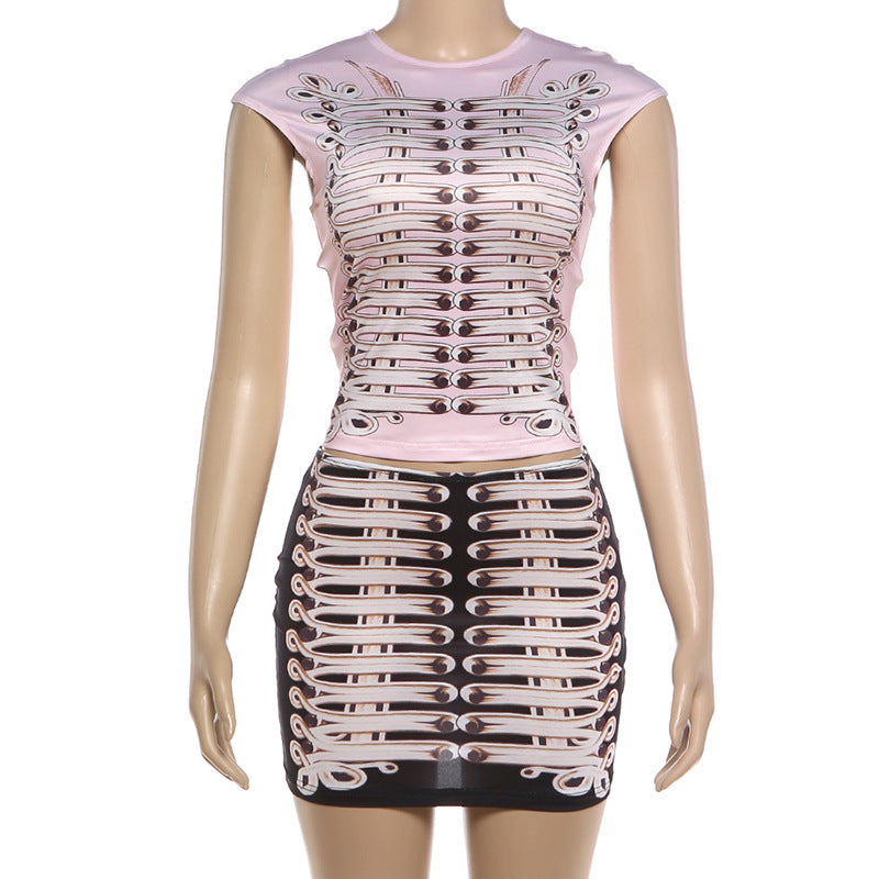 Spring Women Sexy Slim Fit round Neck Print T shirt Sheath Miniskirt Two Piece Sets