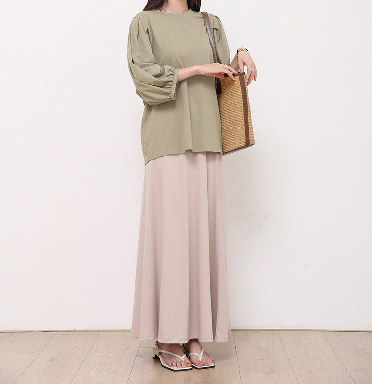 T shirt for Women Early Autumn Fresh Breathable Lantern Sleeve round Neck Solid Color Three Quarter Length Sleeve Top for Women