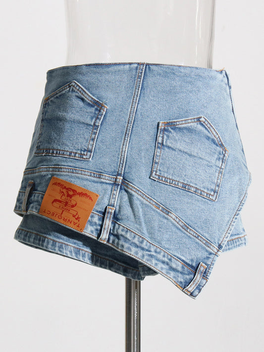 Personality Street Denim Stitching Shorts Autumn High Waist Irregular Asymmetric Washed Worn Jeans Women