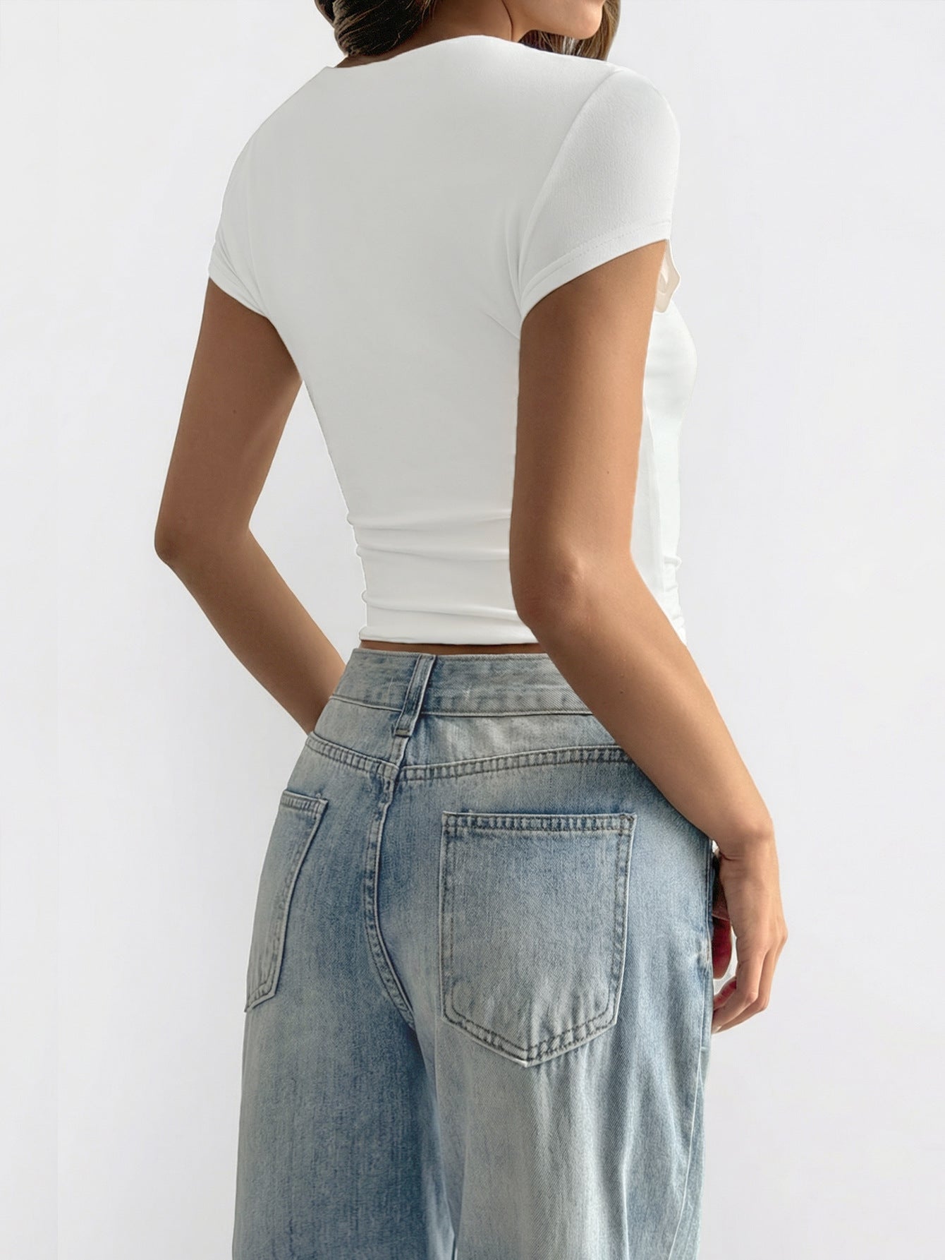 Women Clothing Summer Sexy All Match Solid Color Short Sleeved Top T shirt