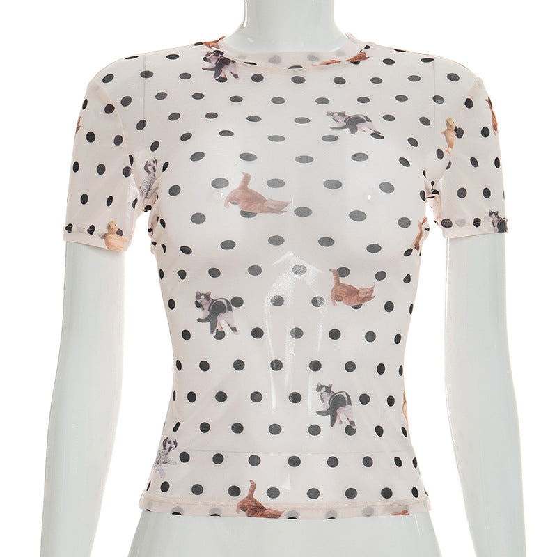 Spring Summer Women Clothing Animal Polka Dot Printed Waist Controlled Short Sleeve Top T shirt