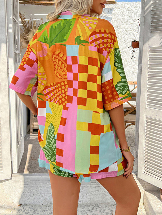 Spring Summer Casual Vacation Wind Floral Contrast Color Cardigan Short Blouse Pants