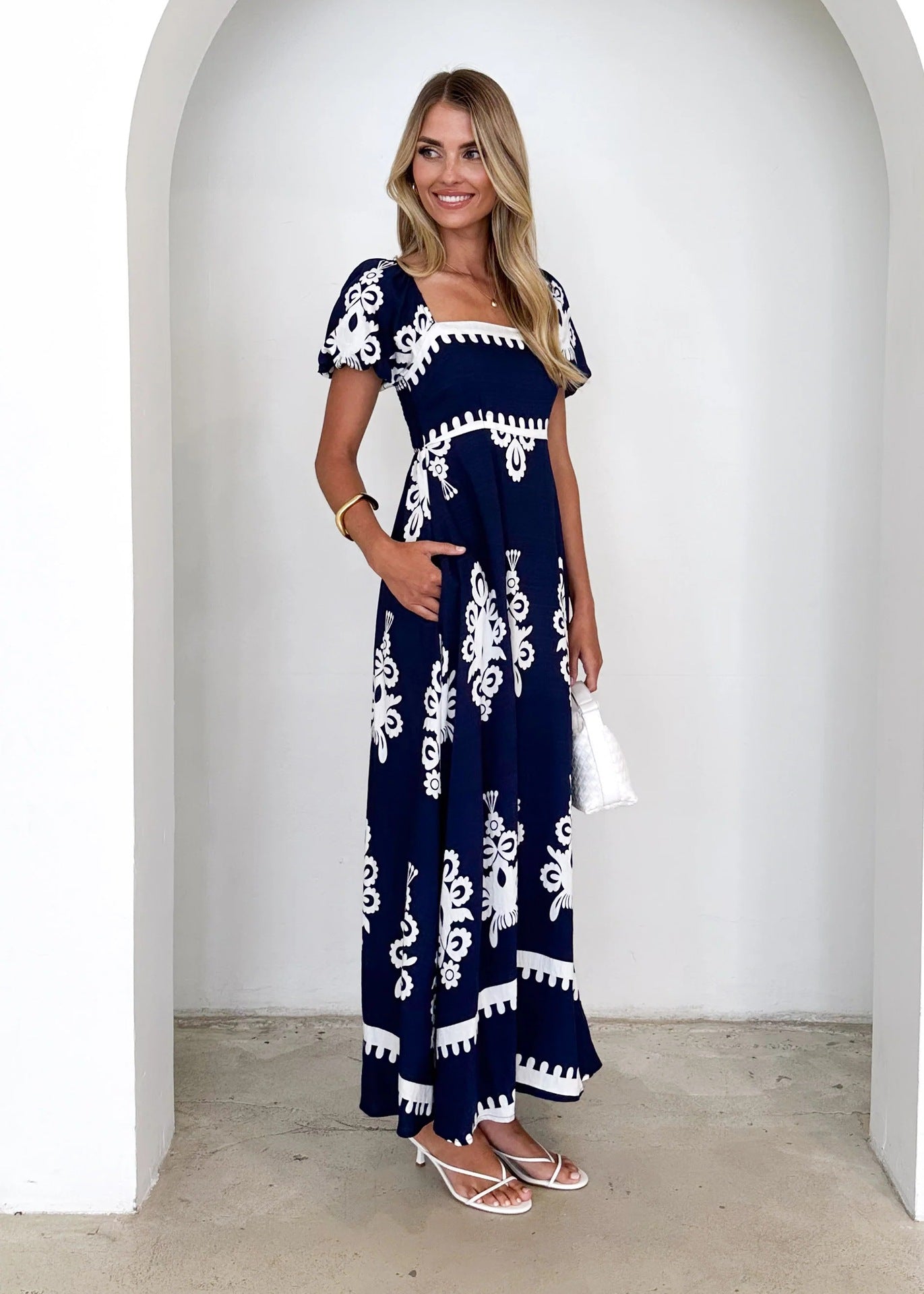 Summer Women Clothing Vacation Printed Beach Dress Smocking Dress Women