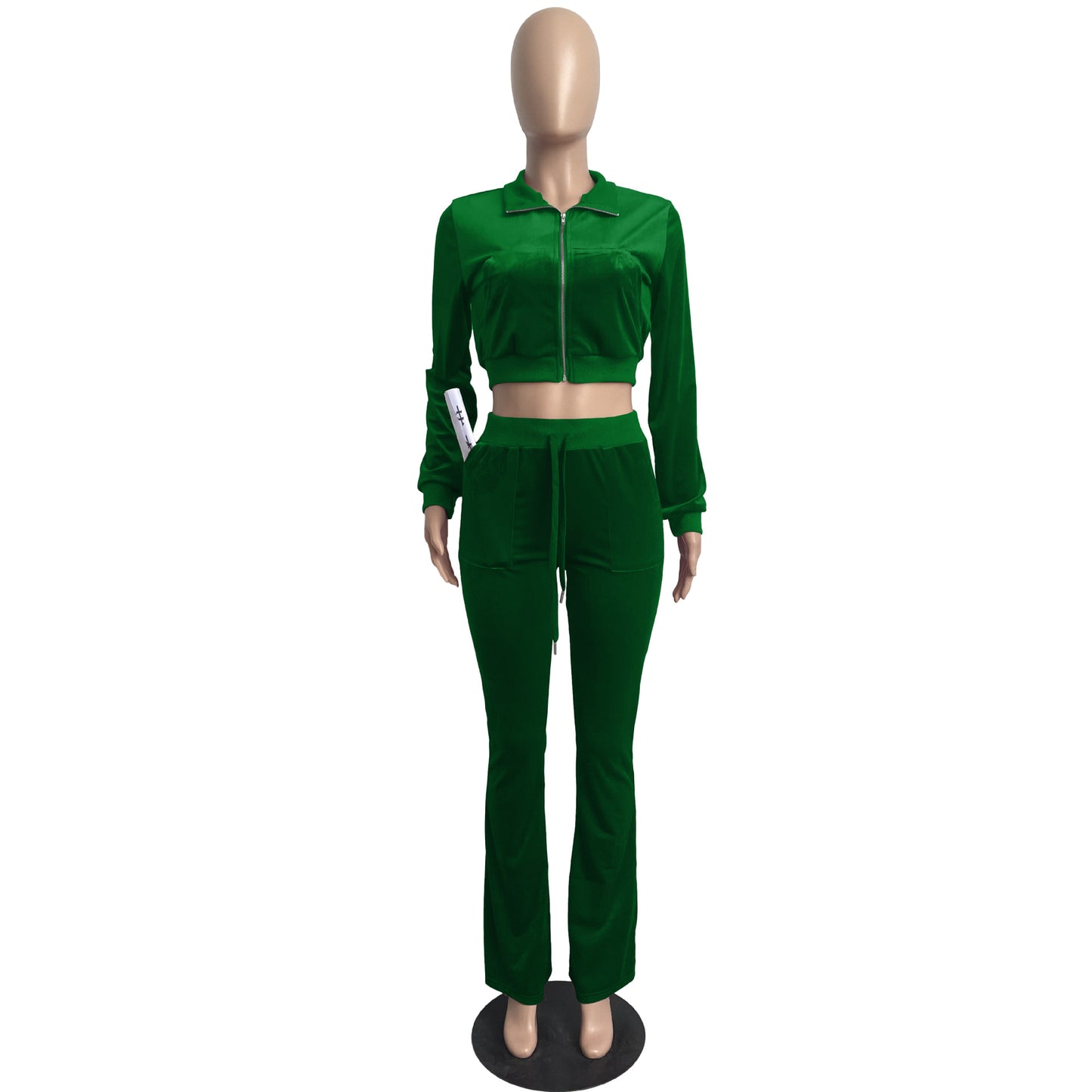 Women Clothing Two-Piece Korean Velvet Solid Color Long Sleeve Sexy cropped Casual Sports Suit