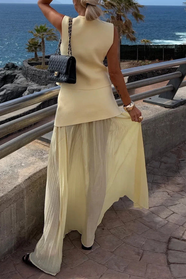 Spring Summer Knitted Stitching Vest Set Casual Vacation Loose Skirt Women