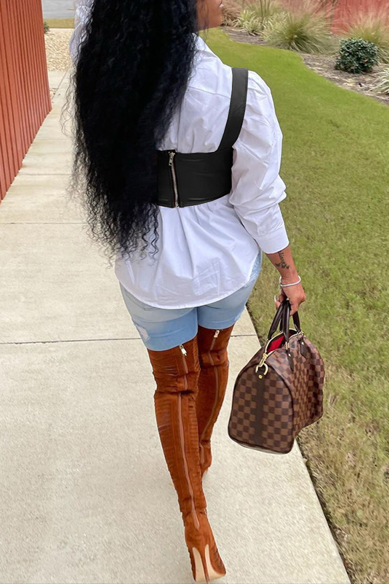 Women Clothing Spring Summer Solid Color Faux Leather Sleeveless Spaghetti Straps Corset Zipper Vest