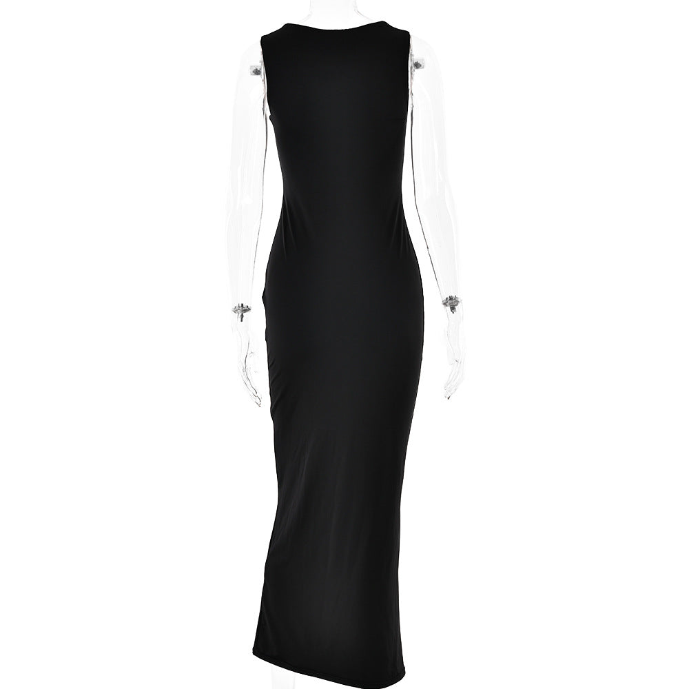 Square Collar Sleeveless Cold Shoulder Dress Sexy Slim Solid Color Dress Spring Summer