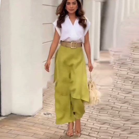 Spring Elegant Sexy V neck Top Wide Leg Pants Two Piece Set