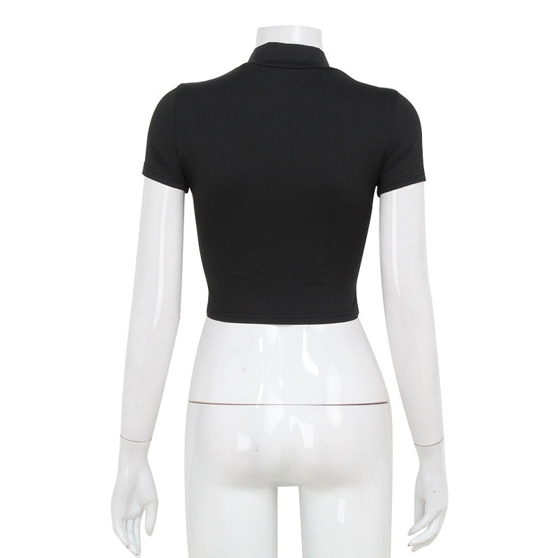 Summer Women Letter Graphic Print Shoulder Tight Cropped Turtleneck Street Sexy Short Top Women