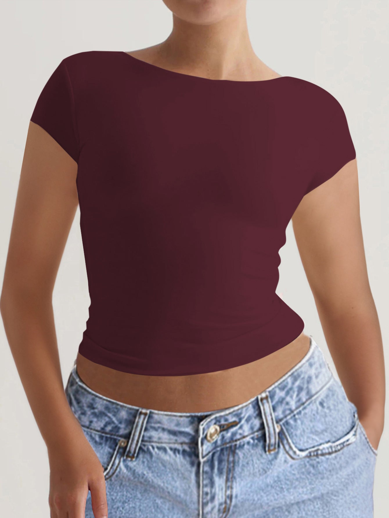 Spring Summer Solid Color round Neck Exposed Back Short Sleeve Sexy Slim Top T shirt Women Clothing