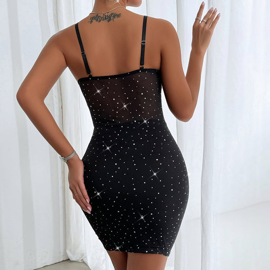 Sexy Low Cut See Through Sequin Slip Dress Backless Boning Corset Steel Ring Hip Dress