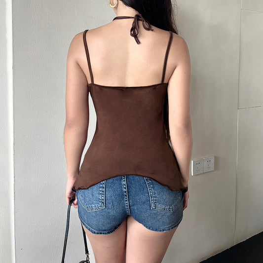 Street Sexy Sweet Cool Gold Silk Stitching Retro Irregular Asymmetric Layered Beads Halter Slimming Vest