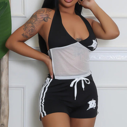 Women Clothing Exposed Cropped Hollowed Contrast Color Backless Lace up Vest Shorts Two Piece Sets