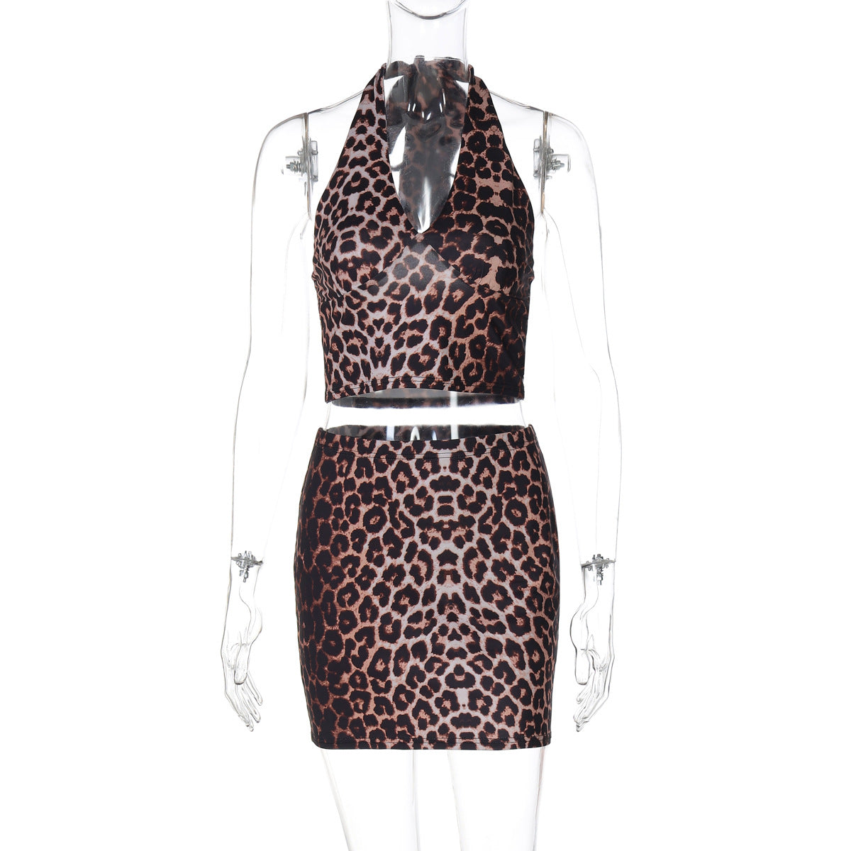 Summer Women Leopard Print Printed Sexy Halterneck Vest Hip Skirt Two Piece Sets