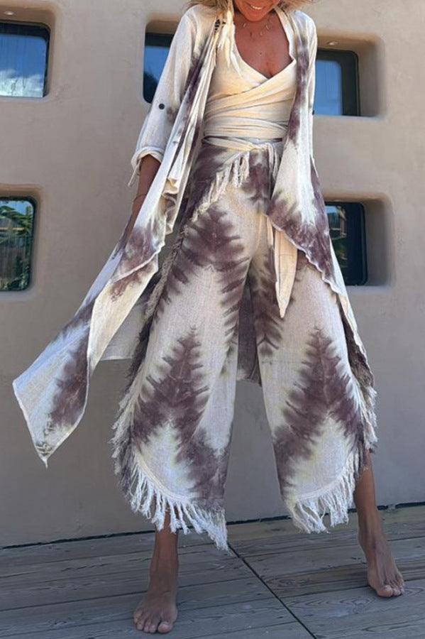 Printed Vest Tassel Cropped Pants Coat Three Piece Suit