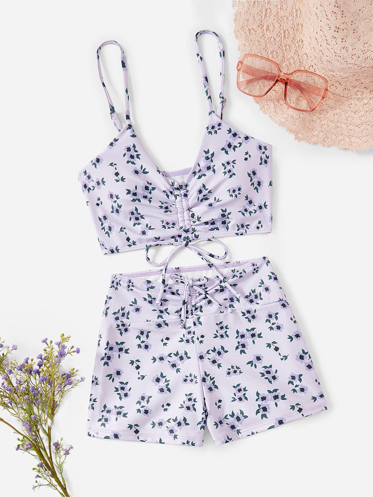Swimsuit Women Split High Waist Boxer Floral Print Swimsuit