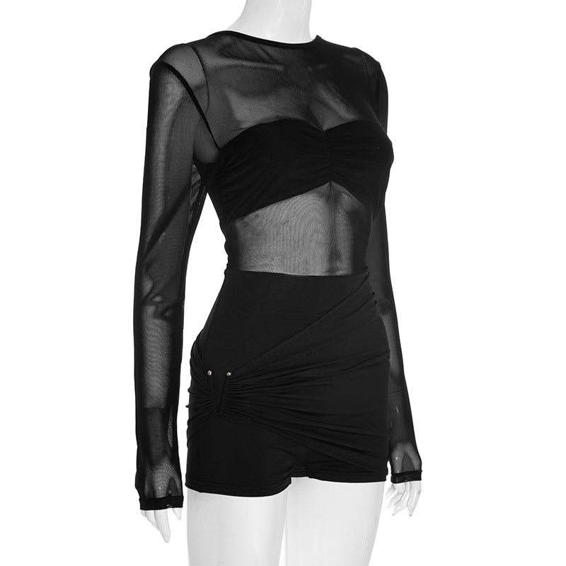 Autumn Winter Women Sexy Sexy Bare Back Slim Mesh Romper