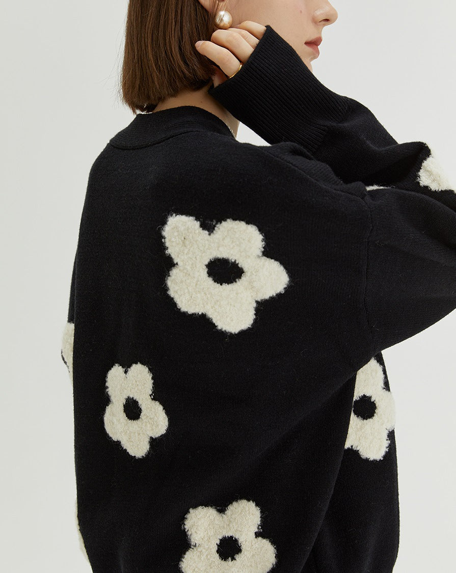 Sweater Women Coat Fall V Neck Three Dimensional Jacquard Knitted Cardigan